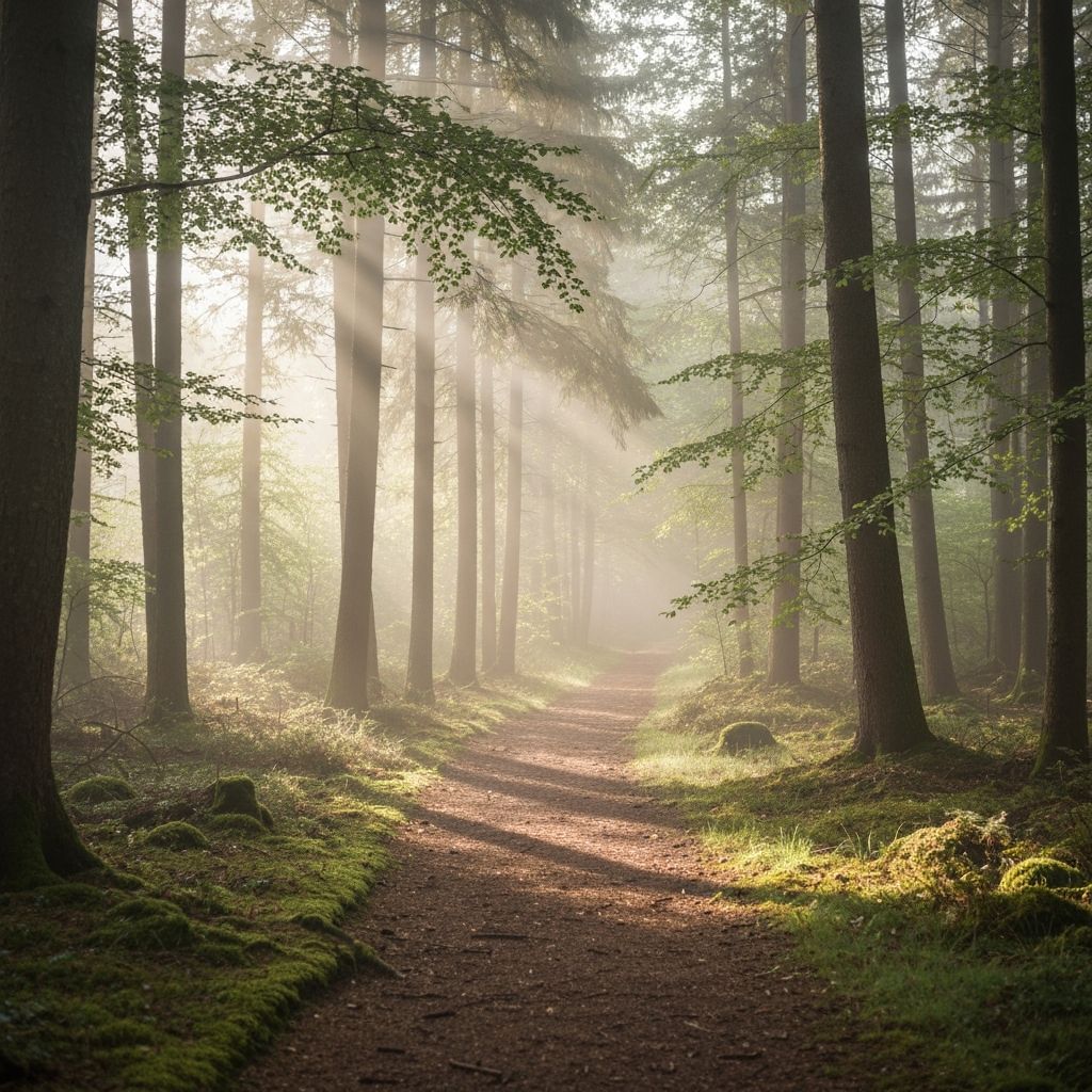 Peaceful forest path with soft morning light